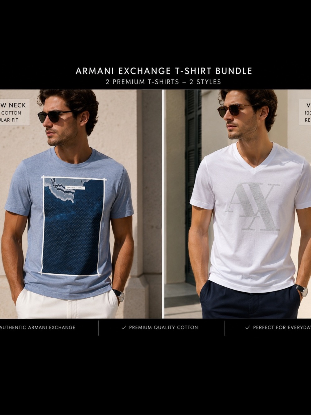 Armani Exchange Light Blue Graphic Tee & White V‑Neck Duo
